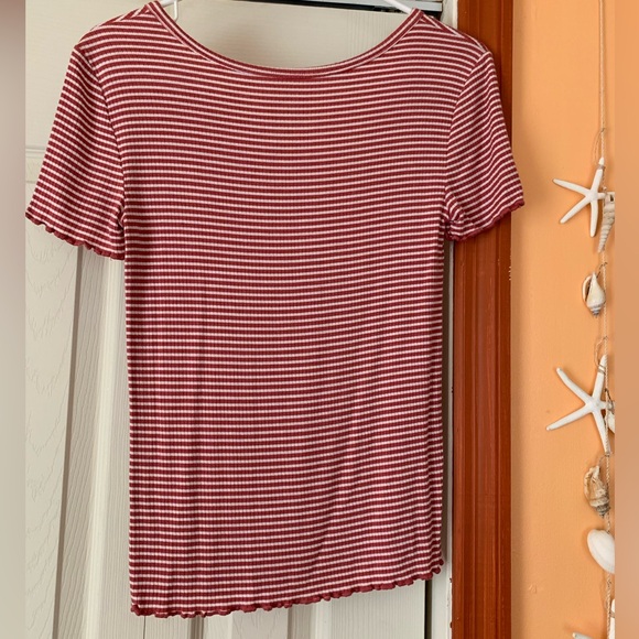 Arizona Women’s Pink White Striped Button Lettuce Short Sleeve Tee Size Small - Picture 2 of 4